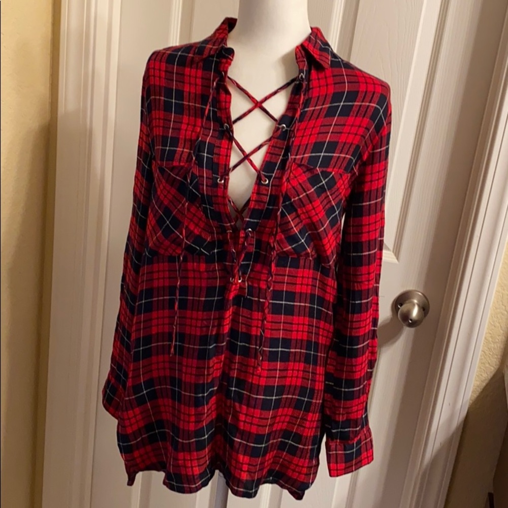 New Forever 21 Lace up Plaid Shirt size S